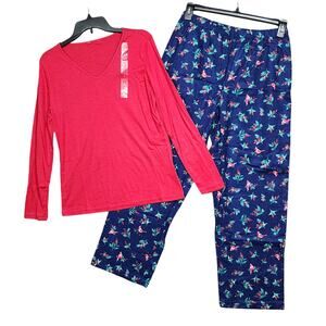 Charter Club Pajama Set Long Sleeve V Neck Top Flannel Bottoms Holly Bird Small